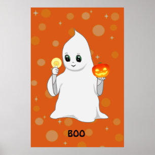 Poster Belle Halloween Ghost & Citrouille sur Orange
