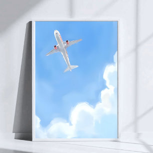 Poster Belle Journée Ciel Bleu Nuages Avion Aquarelle