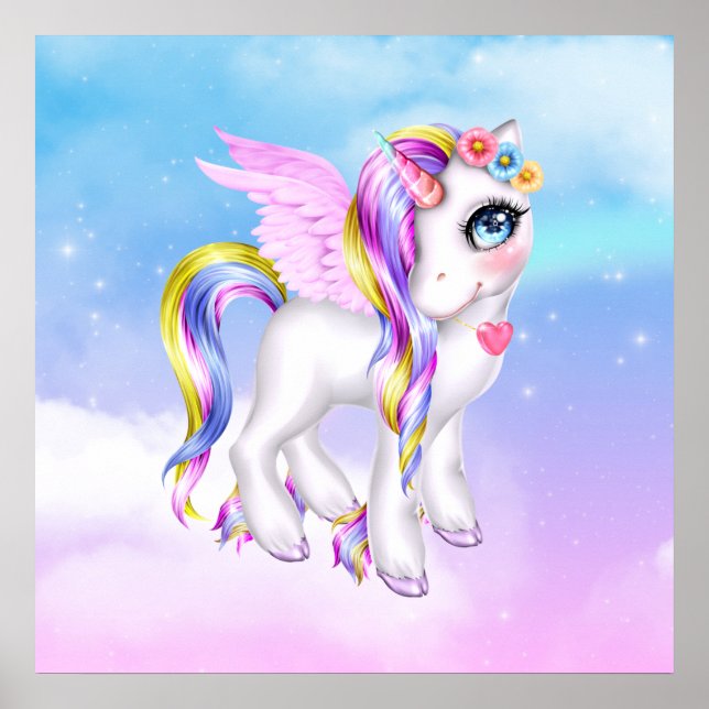 Poster Belle licorne avec Rainbow Mane & Tail (Devant)