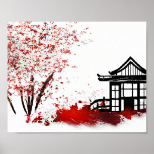 Poster belle maison japonaise dans la forêt de cerisier