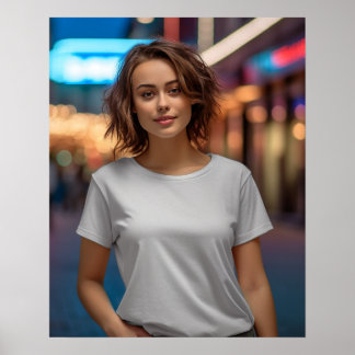 Poster Belle mannequin portant un t-shirt blanc Gildan