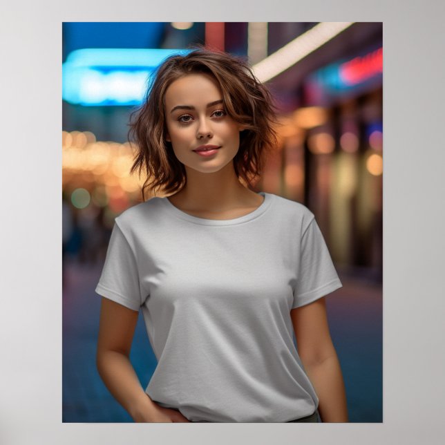 Poster Belle mannequin portant un t-shirt blanc Gildan (Devant)