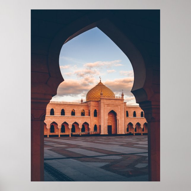 Poster Belle mosquée blanche au coucher du soleil (Devant)