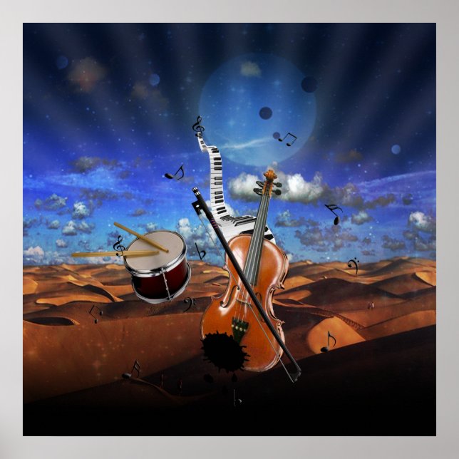 Poster Belle musique notes violon splater piano batterie (Devant)