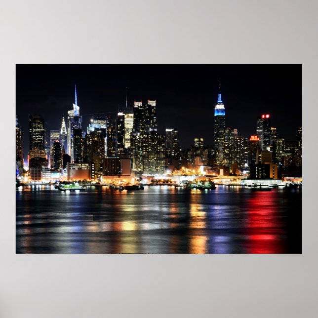 Poster Belle New York Night Lights Reflecting River (Devant)