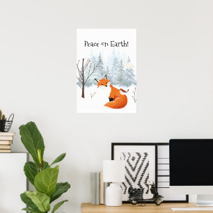Poster Belle Paix sur Terre Renard Rouge Oiseau Hiver