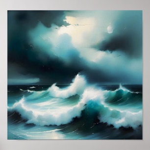Poster Belle peinture cool Bleu Océan avec vagues