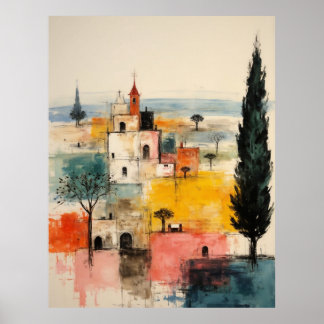 Poster Belle peinture de ville ancienne petite Ochre roug