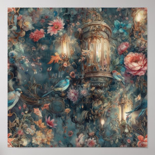 Poster Belle Période Rococo Jardin Oiseaux Et Fleurs