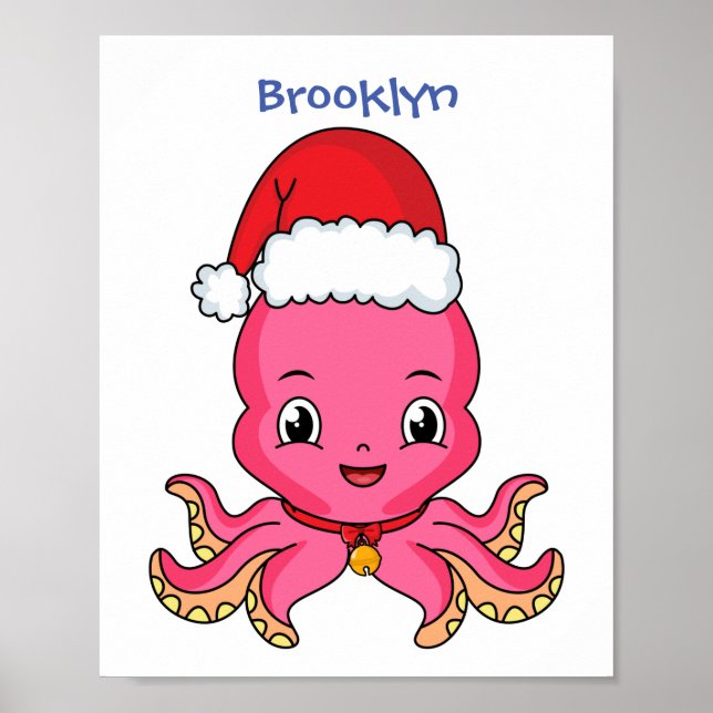 Poster Belle pieuvre joyeuse en casquette de Noël (Devant)