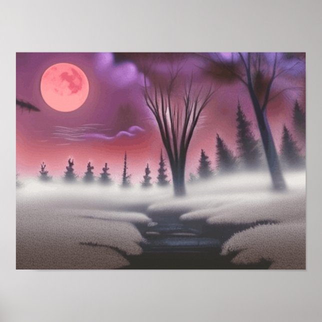 Poster Belle Pleine lune Pink Midnight Foggy Forest (Devant)