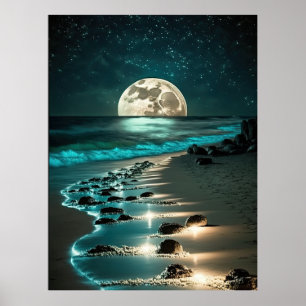 Poster Belle Pleine lune Plage Océan étoile Nuit