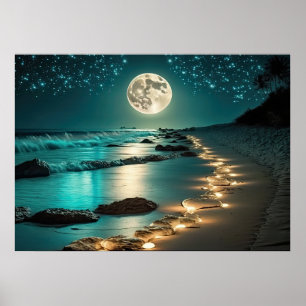 Poster Belle Pleine lune Plage Océan étoile Nuit