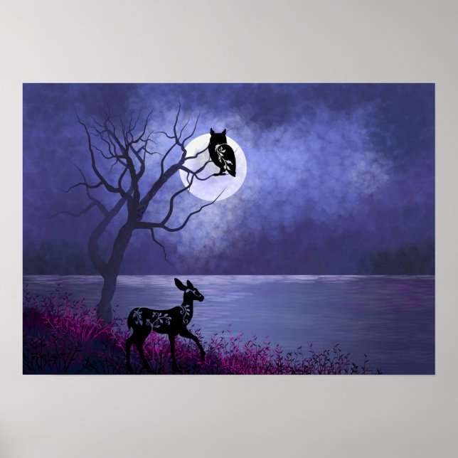 Poster Belle Pleine lune sur l'eau avec Chouette et Cerf (Devant)