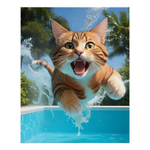 Poster Belle Plongée de chat dans la piscine Amusante