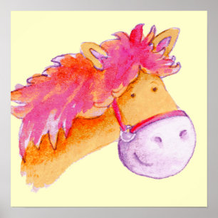 Poster Belle poney art rose jaune carré imprimé