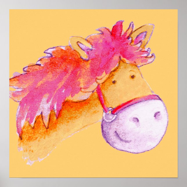 Poster Belle poney art rose orange carré imprimé (Devant)