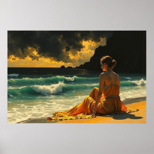 Poster Belle réflexion côtière nocturne au bord de la mer