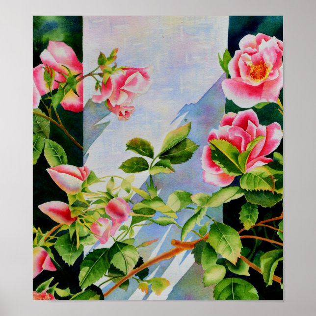 Poster Belle rose rose rouge roses blanc aquarelle floral (Devant)