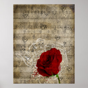 Poster Belle rose rouge notes piano tourbillonné