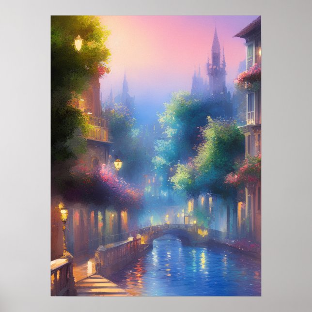Poster Belle rue du soir Vue sur la mer, Art numérique (Devant)