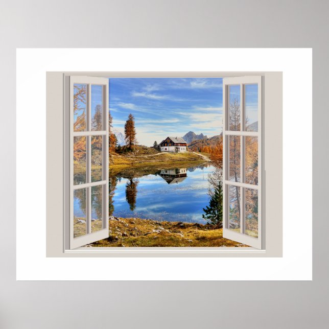 Poster Belle scène d'automne vue par une fenêtre ouverte (Devant)