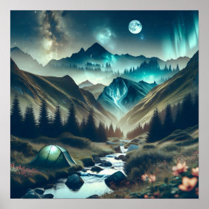 Poster Belle scène de Camping avec Montagnes et Tente