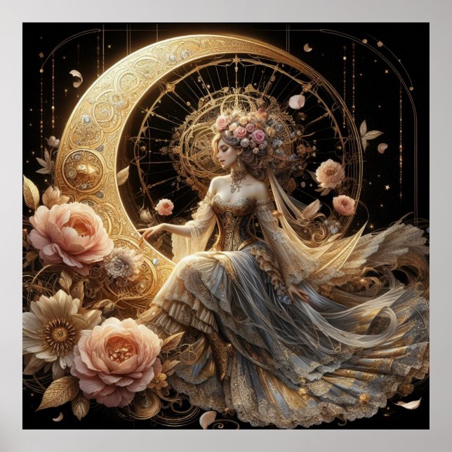 Poster Belle Steampunk Woman sur la Lune (Devant)