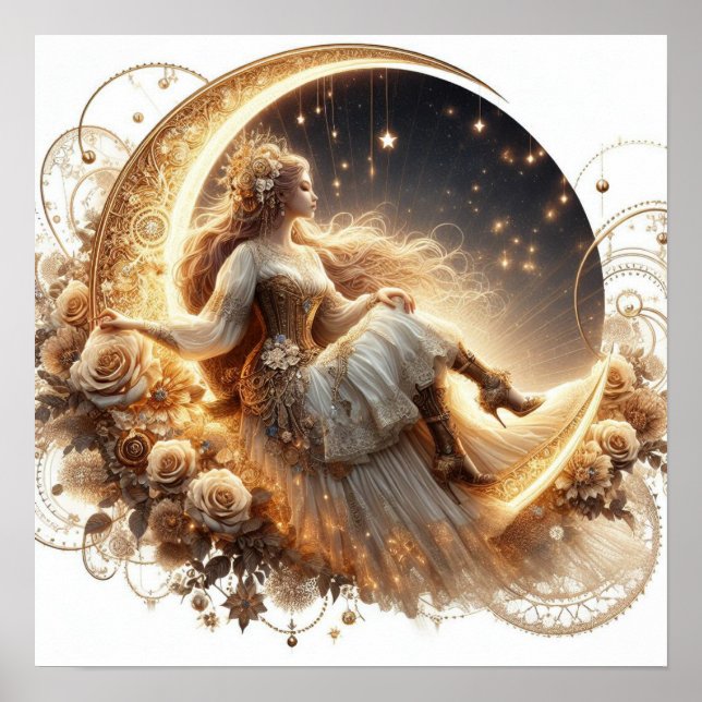 Poster Belle Steampunk Woman sur la Lune (Devant)