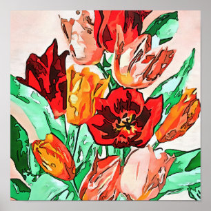 Poster Belle Tulipes Bouquet Floral Black Outline Art
