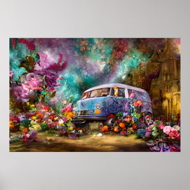 Poster Belle vieille fourgonnette Combi turquoise avec fl (Devant)