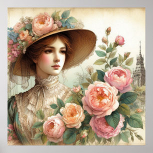 Poster Belle Vintage Anglaise Victorienne Dame et Rose