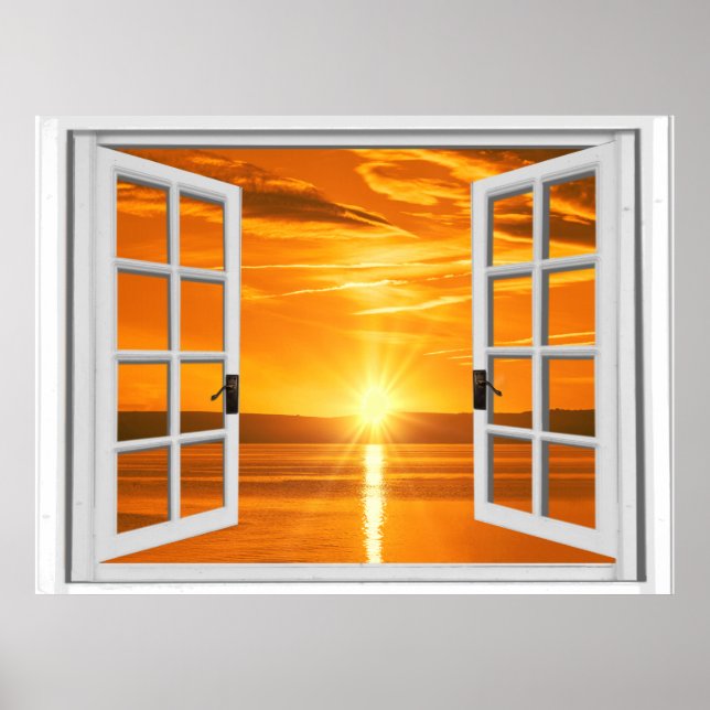 Poster Belle vue de fenêtre Coucher de soleil Faux (Devant)