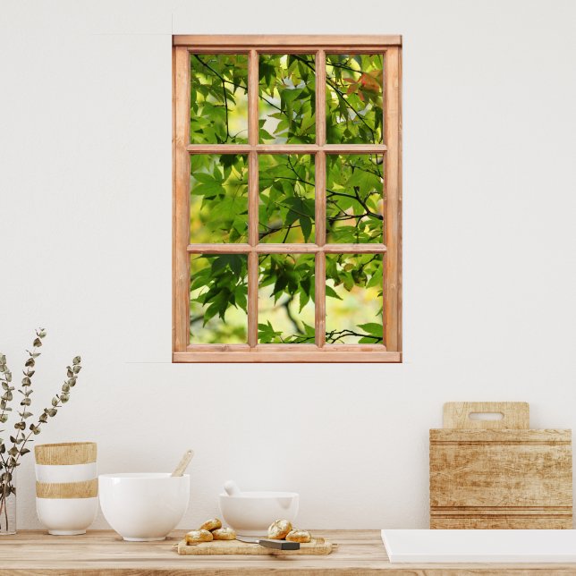 Poster Belle vue du matin des Feuilles d'une fenêtre (Cuisine)