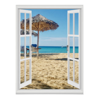 Poster Belle Vue Sur La Plage De Sable Et La Fenêtre Sur