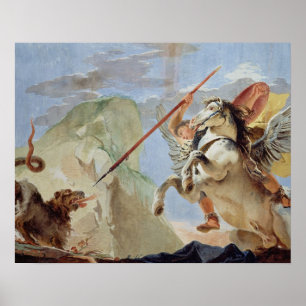 Poster Bellerophon, à cheval Pegasus, tuant la Chimera,