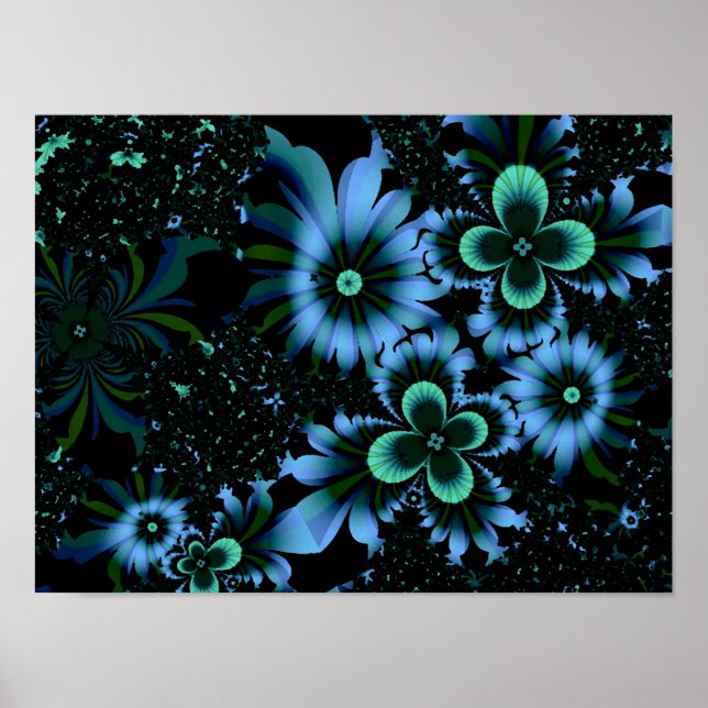 Poster Belles Fleurs Bleues Art Fractal fin (Devant)
