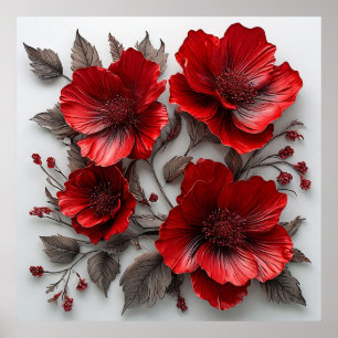 Poster Belles fleurs et feuilles rouges