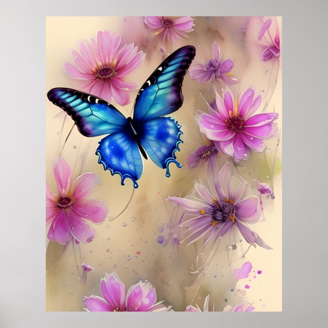 Poster Belles fleurs et papillon (Devant)
