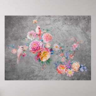 Poster Belles fleurs multicolores et oiseaux sur concr