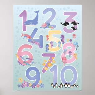 Poster Belles illustrations d'animaux marins Un-Dix Nombr