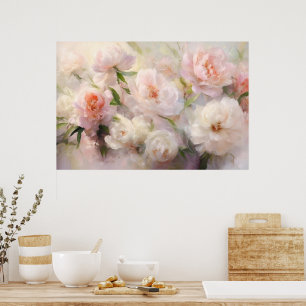 Poster Belles Peonies Blanches et Roses Peinture à l'Aqua