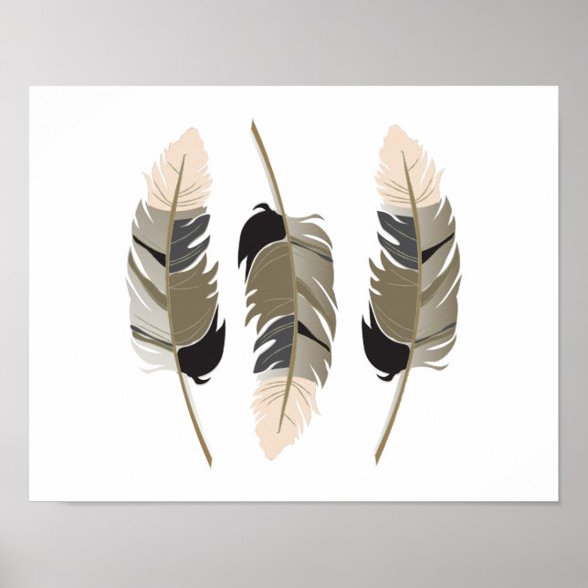 Poster Belles plumes en Crème, Taupe, Gris et Noir (Devant)