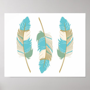 Poster Belles plumes en Turquoise, vert et crème