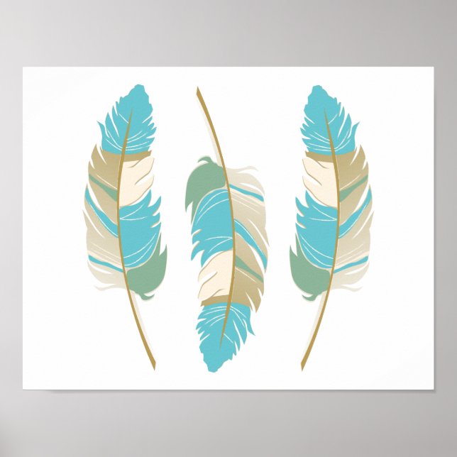 Poster Belles plumes en Turquoise, vert et crème (Devant)
