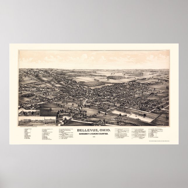 Poster Bellevue, OH Carte panoramique - 1888 (Devant)