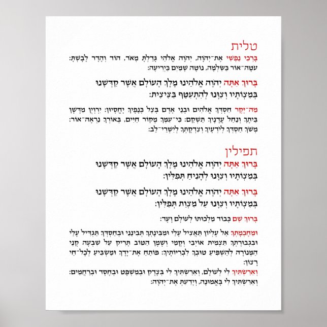Poster Bénédiction hébraïque pour Tallit et Tefillin (Devant)