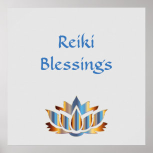 Poster Bénédiction Reiki Fleur de lotus blanc/or/bleu