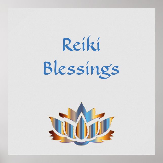 Poster Bénédiction Reiki Fleur de lotus blanc/or/bleu (Devant)