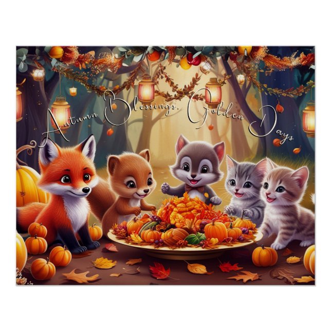 Poster Bénédictions d'automne Feuille d'or Animaux Citrou (Devant)